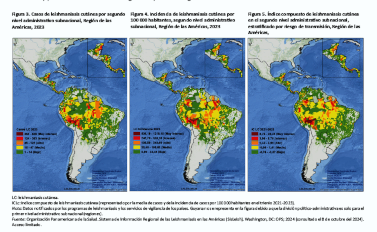 Mapa epidemiológico de leishmaniasis en las Américas (2021-2024), según informe de la OPS.
