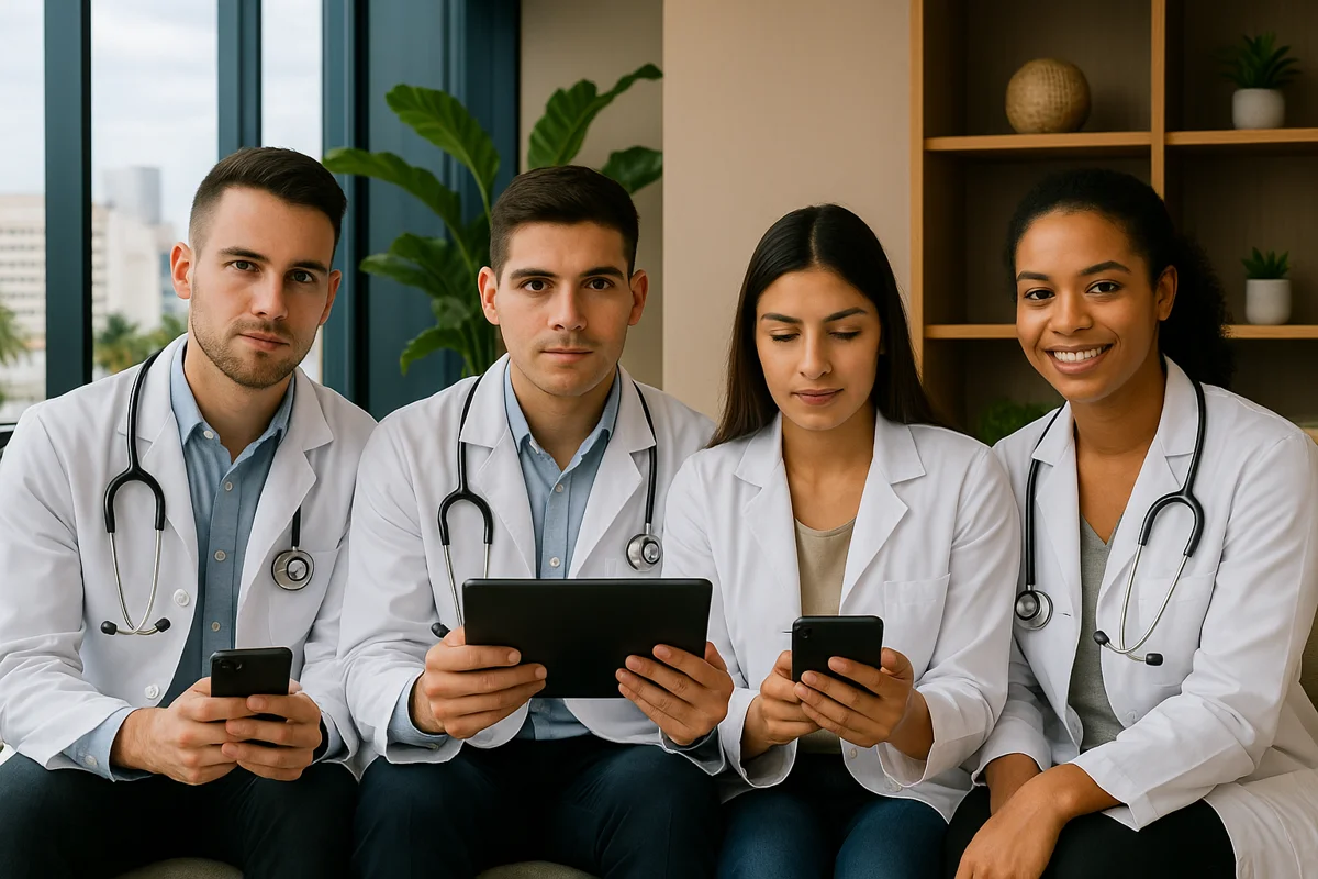 Grupo de médicos jóvenes sosteniendo tabletas digitales, preparados para el Examen CACES/EHEP en Ecuador